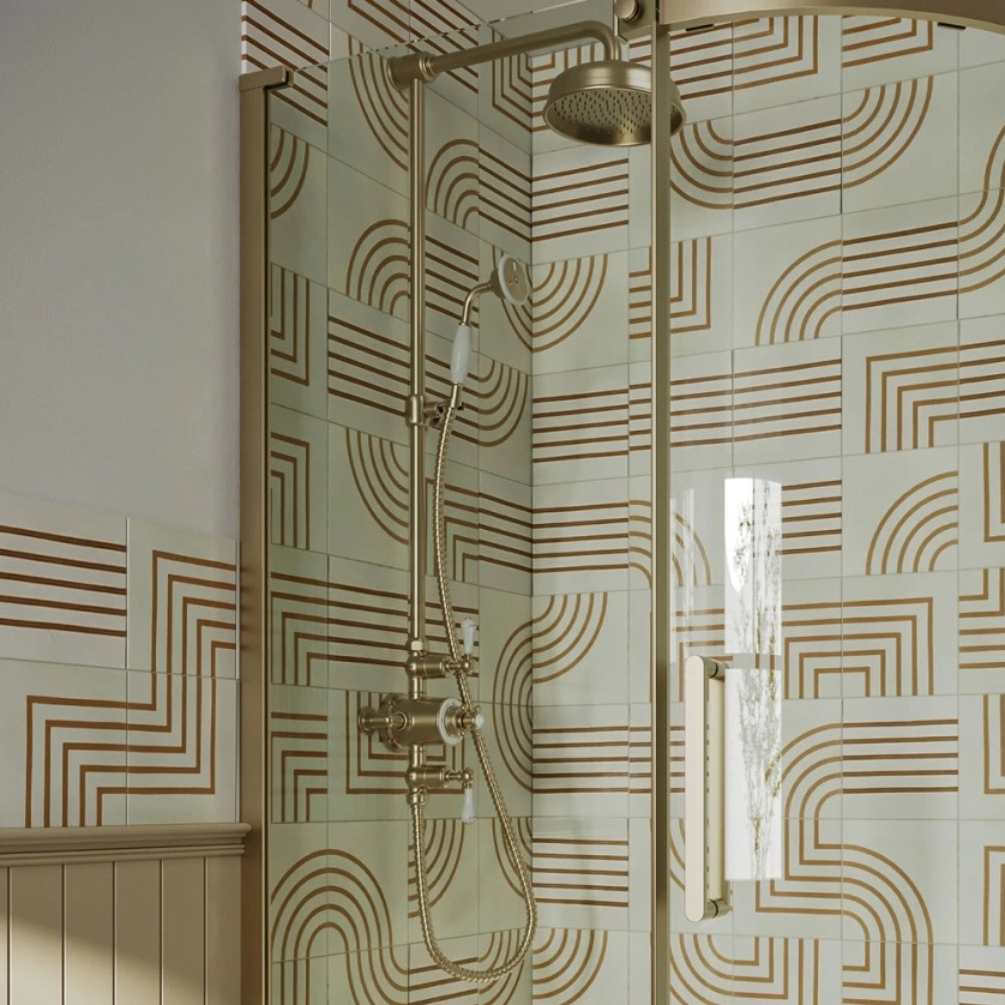 Lifestyle image of the Crosswater Belgravia Brushed Brass Dual-Outlet Thermostatic Shower Column