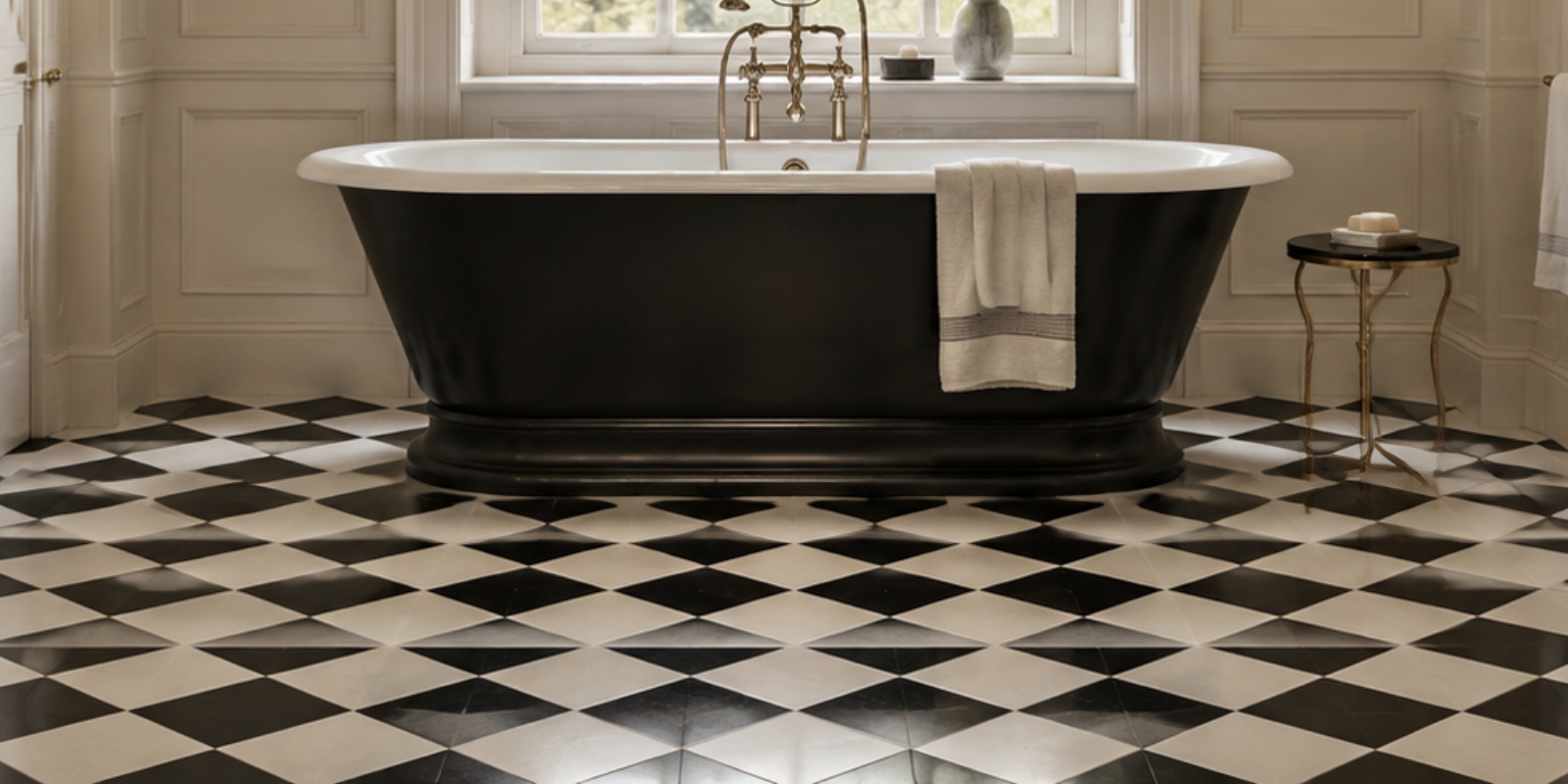 An Art Deco themed bathroom with chandelier, art work, wall lights, and vanity unit