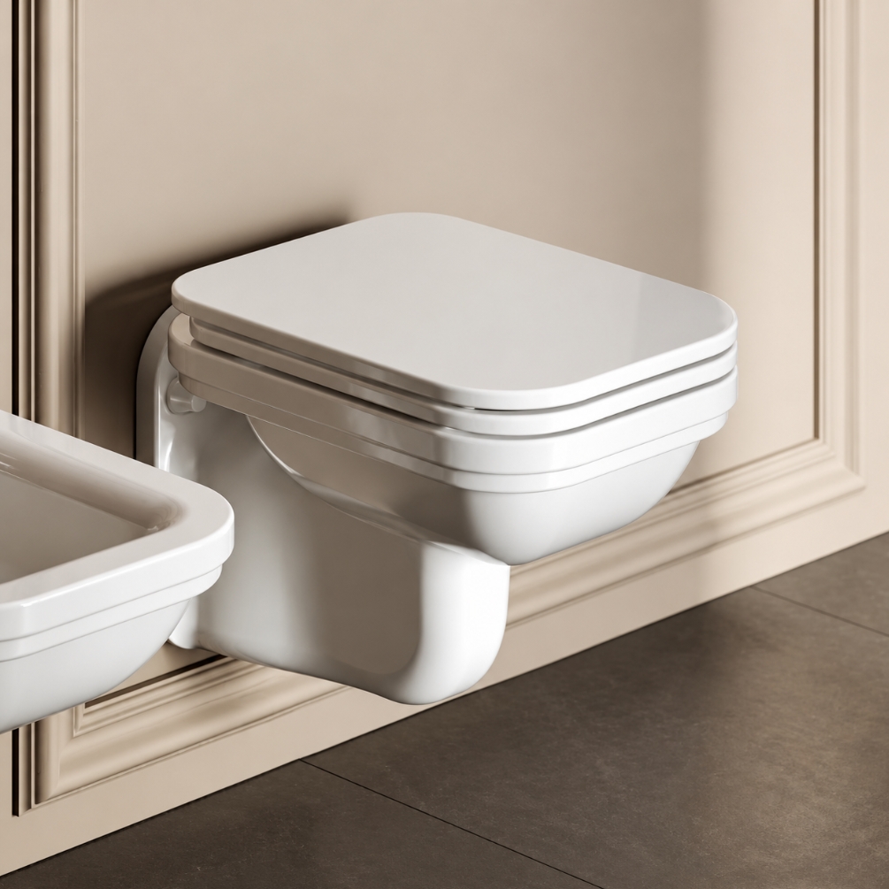 Lifestyle image of the Waldorf Wall Hung Toilet & White Soft Close Seat