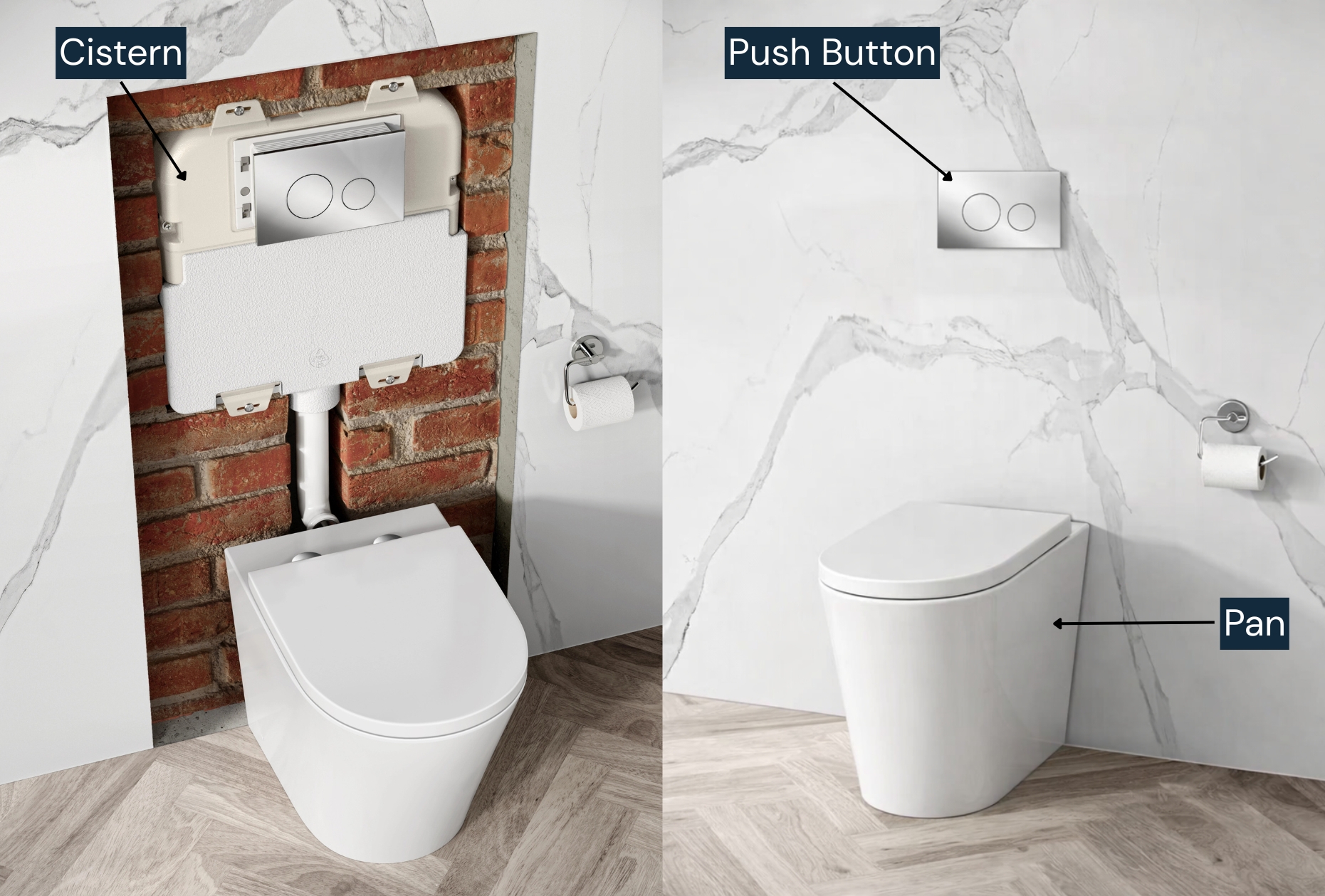 Image of a back to wall toilet and its cistern installed within a bathroom wall