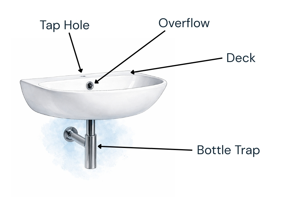 Diagram showing the parts of a basin, including deck, tap hole, overflow and waste.