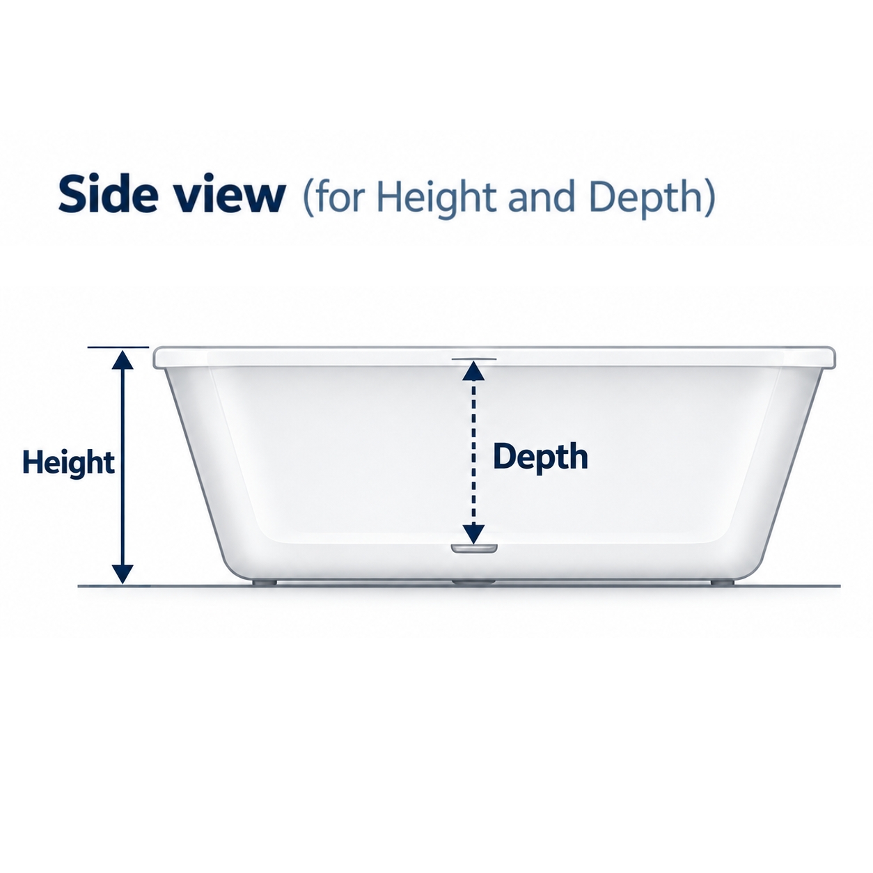 Side view diagram showing bath height and depth measurements
