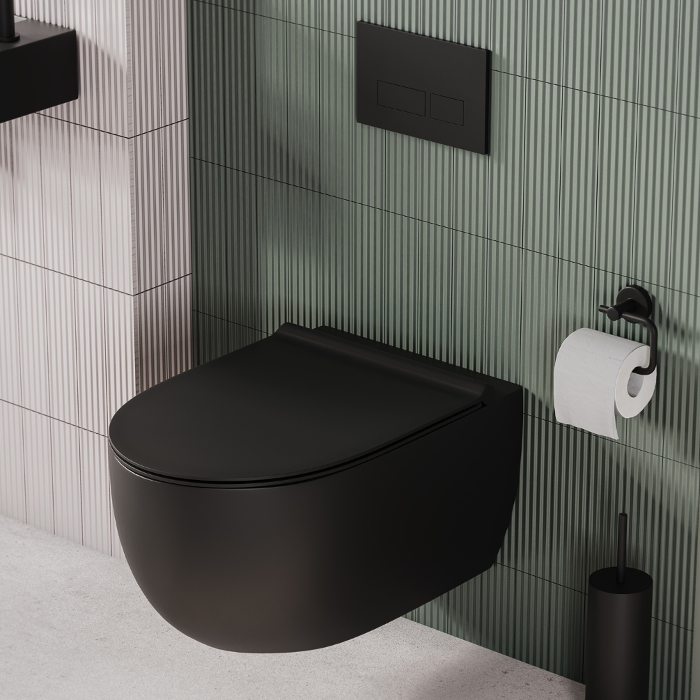 Lifestyle image of Zero 3 Matt Black Rimless Wall Hung Toilet & Soft Close Seat