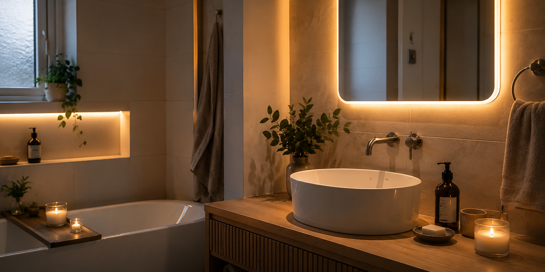 A bathroom with ambient strip lighting and candles