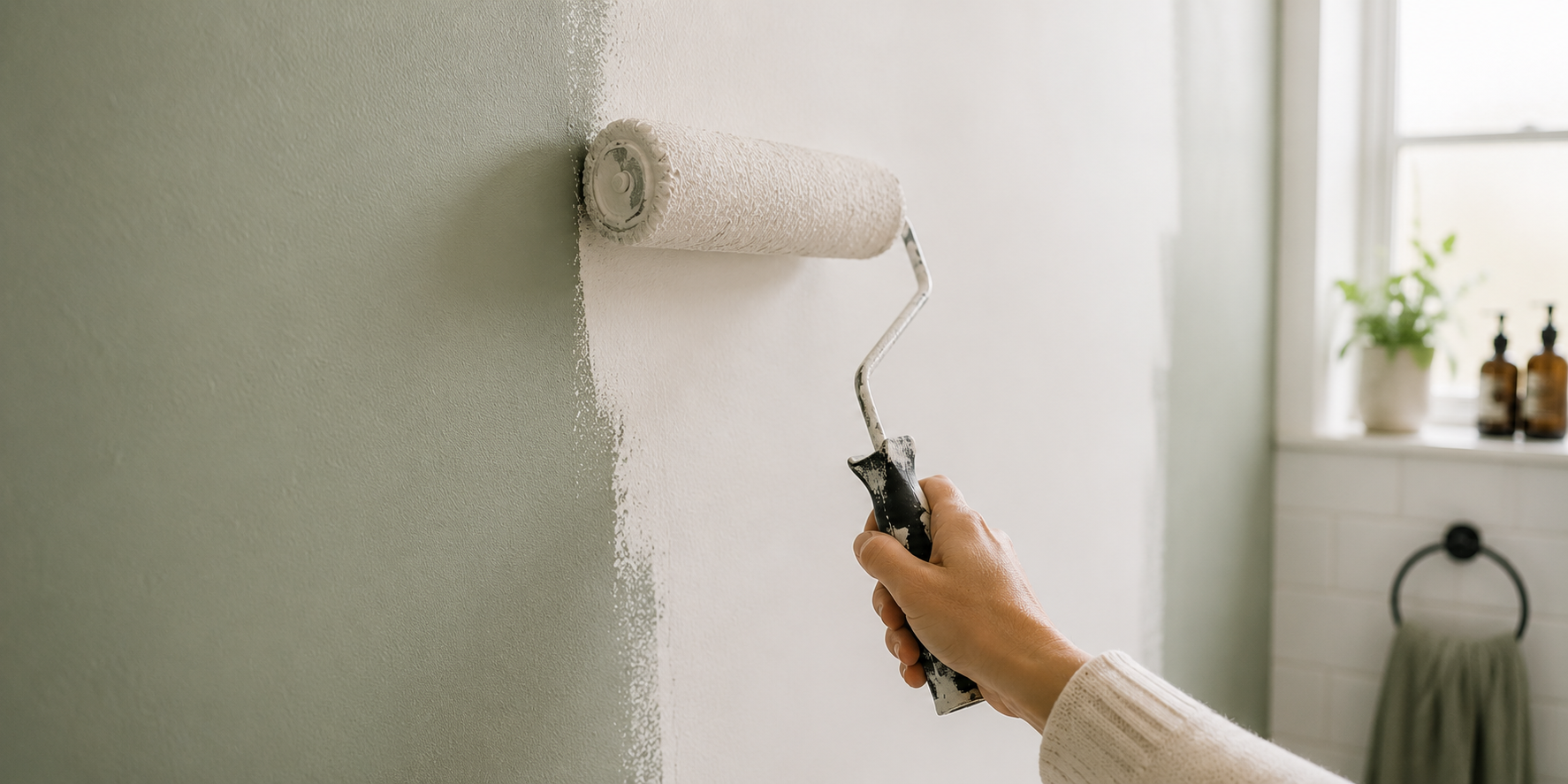 A person painting a bathroom wall white with a hand roller