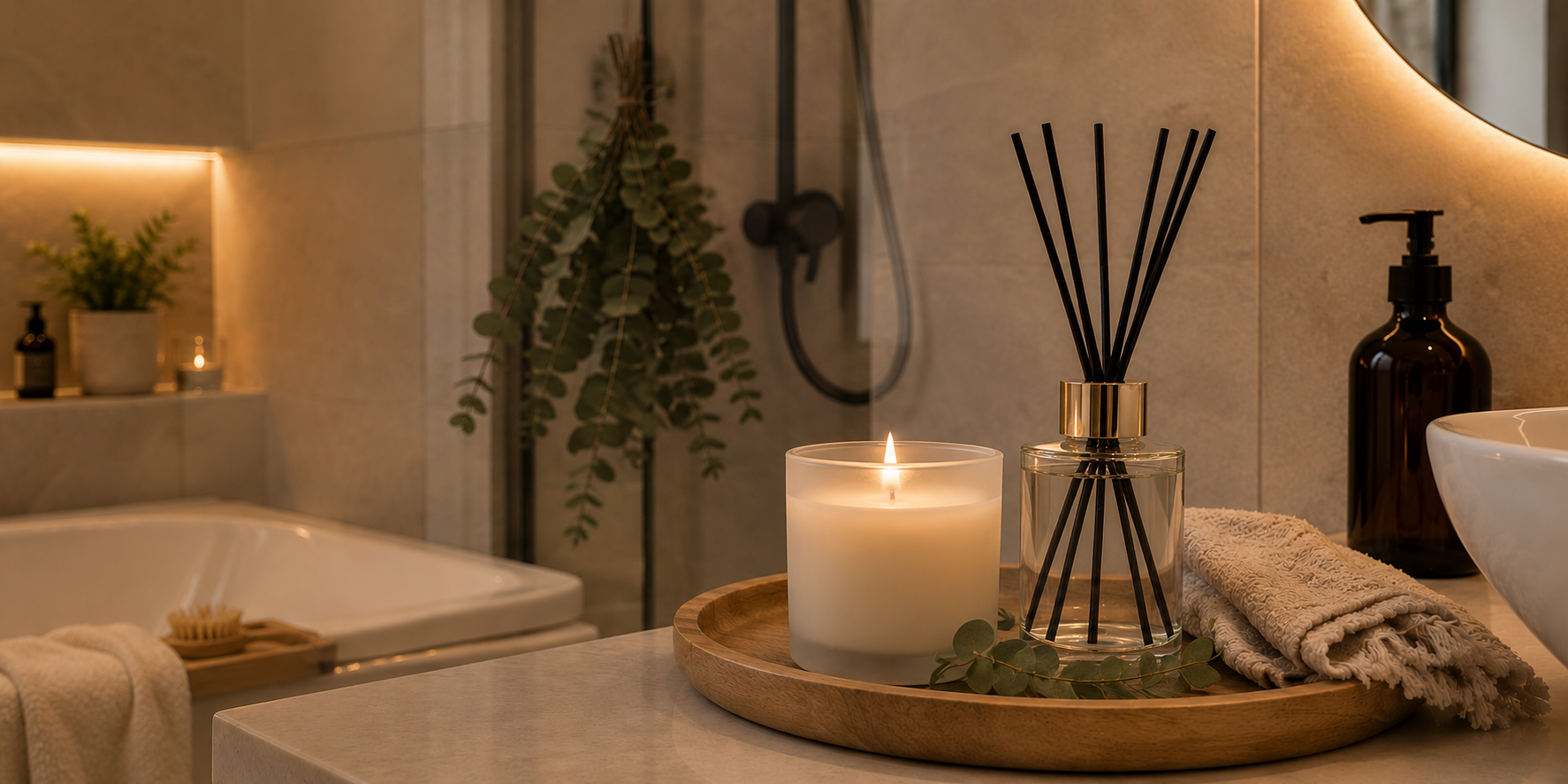 A bathroom with diffuser, candles and other scent producing accessories