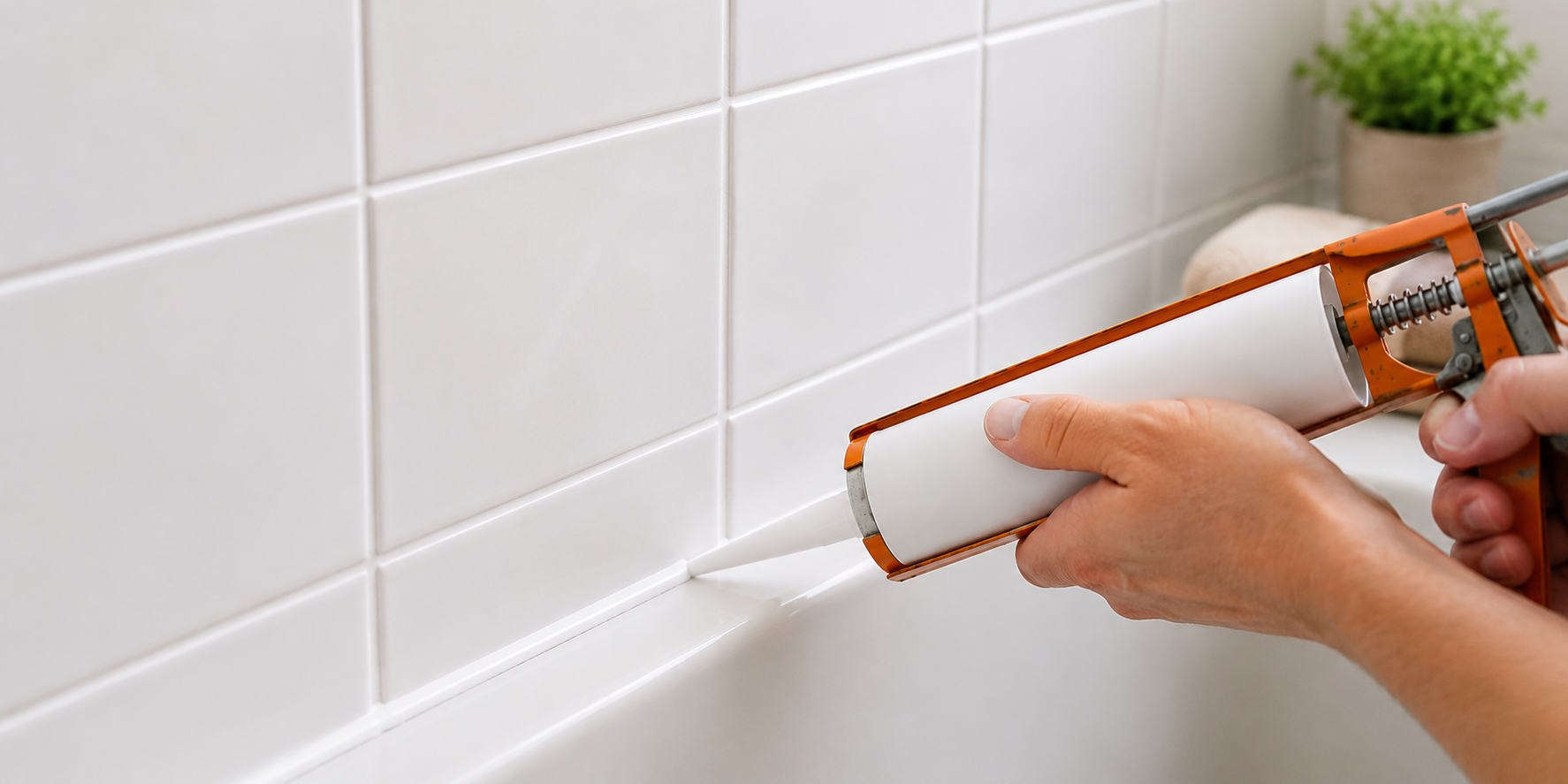A person changing bathroom sealant with a sealant gun