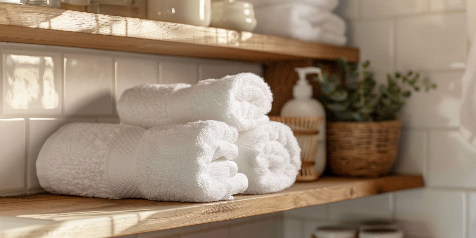 A group of white bathroom towels rolled up on a wooden bathroom shelf