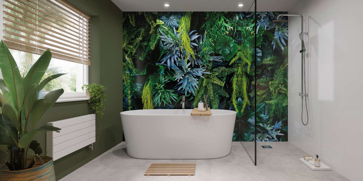 A bathroom with a shower and bathtub situated in front of a Showerwall wall panel with a nature design