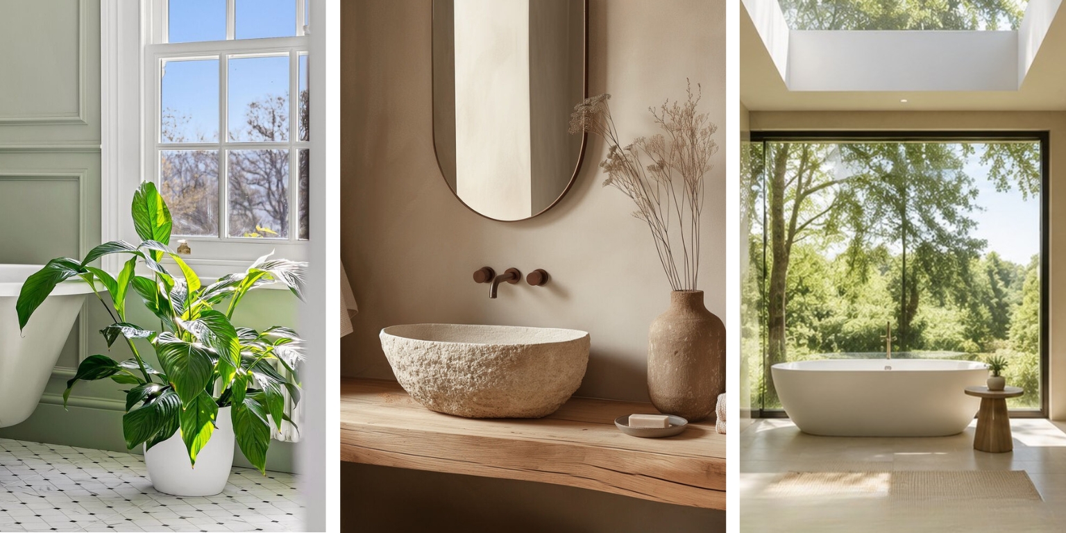 A collage of bathrooms showcasing the three elements of biophilic design in the bathroom