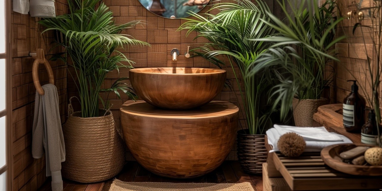 A wooden bathroom basin surrounded by wood effect tiles and shelving