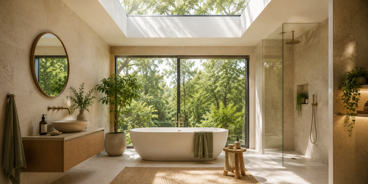 A biophilic bathroom with lots of natural light coming through a skylight in the ceiling