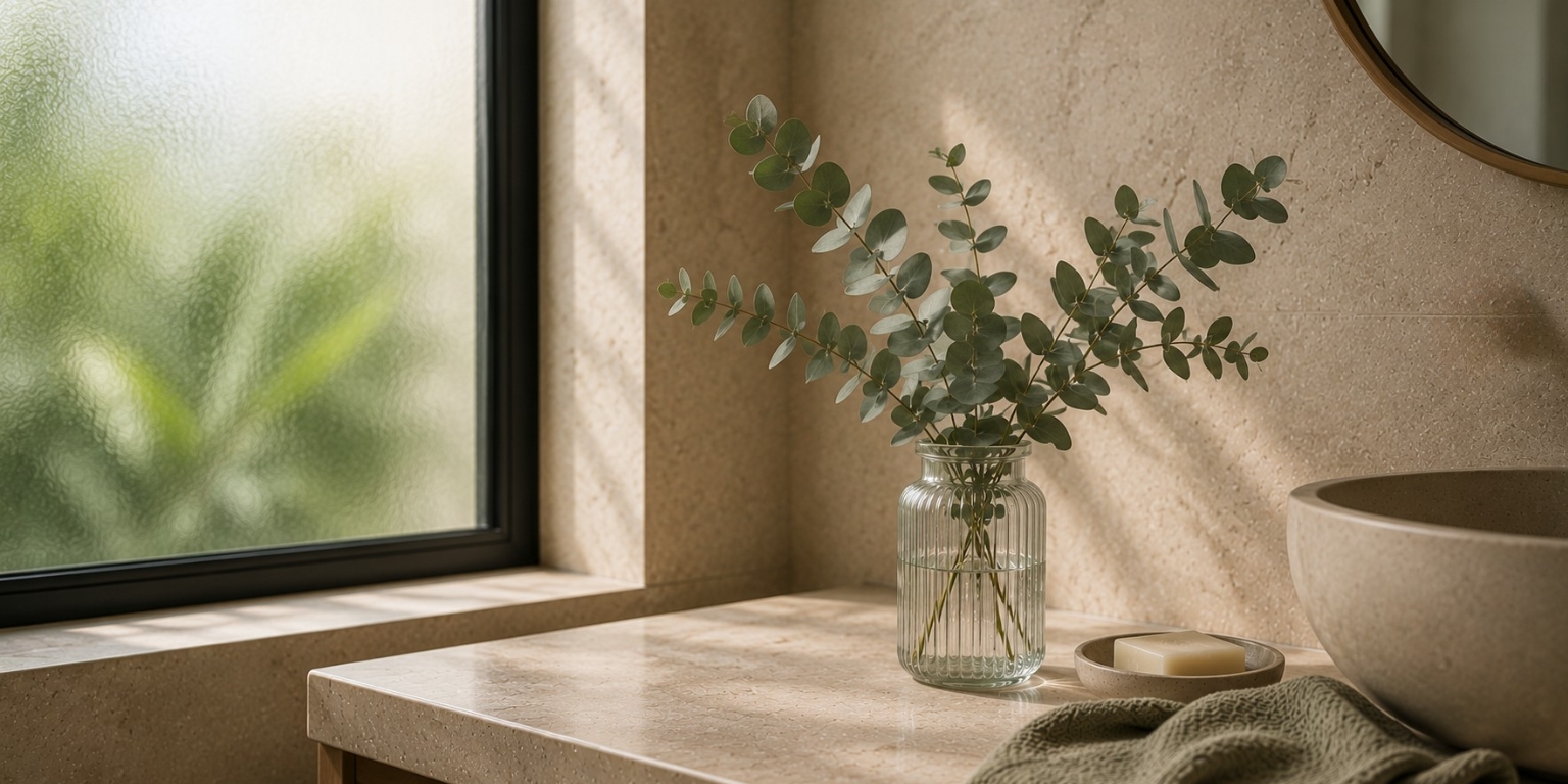 A stone worktop with countertop basing and a vase of dried eucalyptus