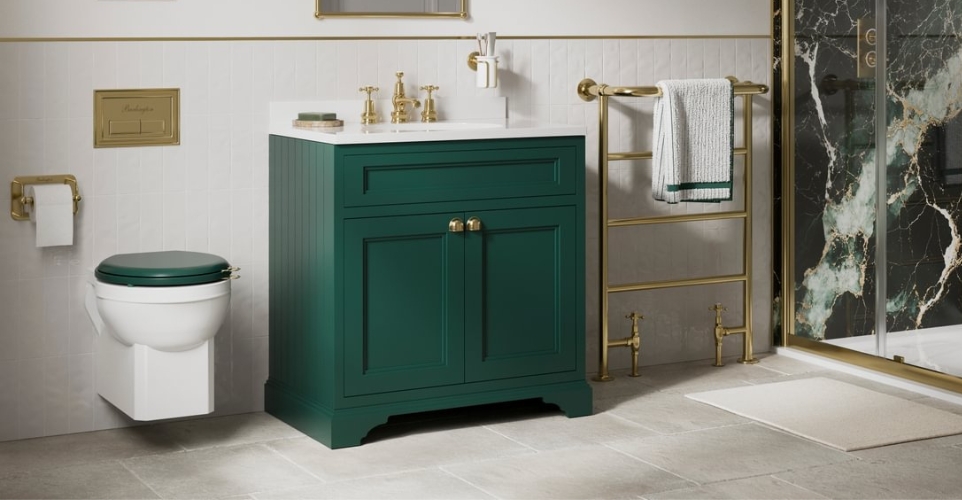 lifestyle image of the Burlington Minerva 750mm Worktop & Matt Green Freestanding Vanity Unit
