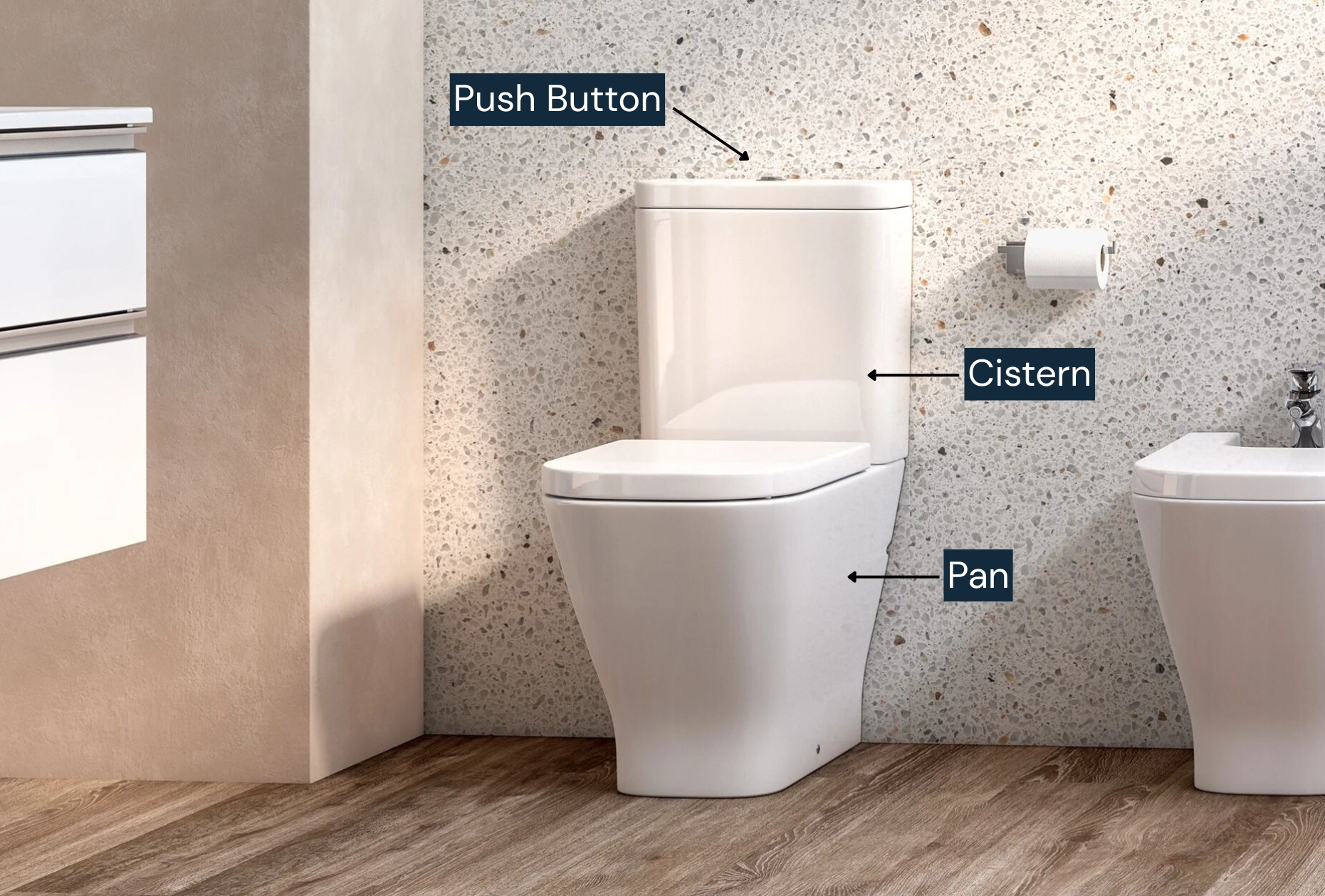 Image of a close coupled toilet installed against a bathroom wall