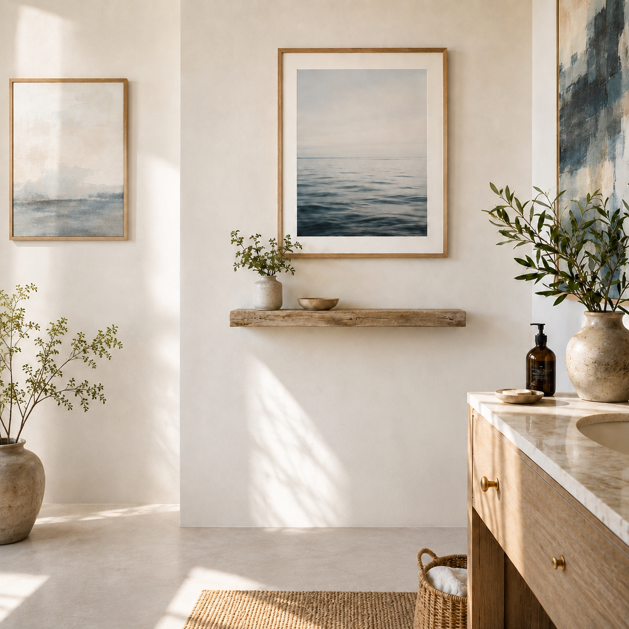 Lifestyle image of a coastal bathroom with tasteful coast-themed artwork on the wall
