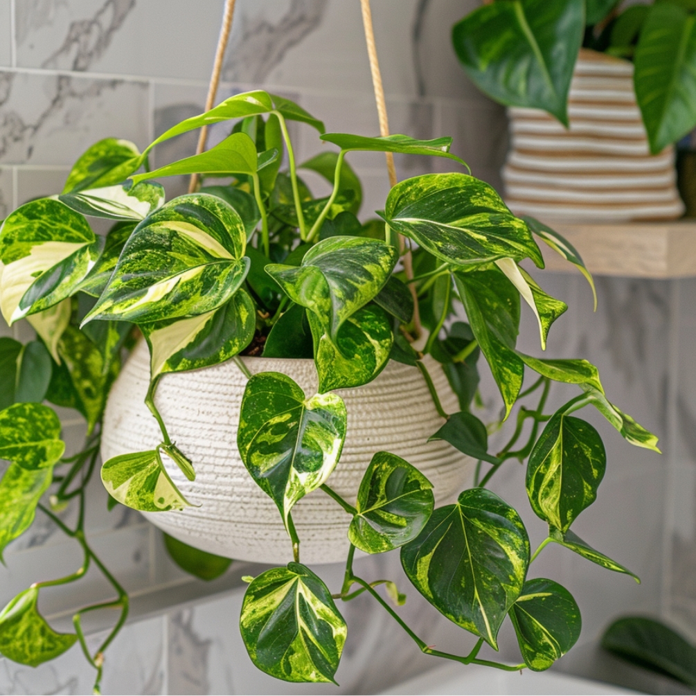 A hanging bathroom plant in a coastal bathroom