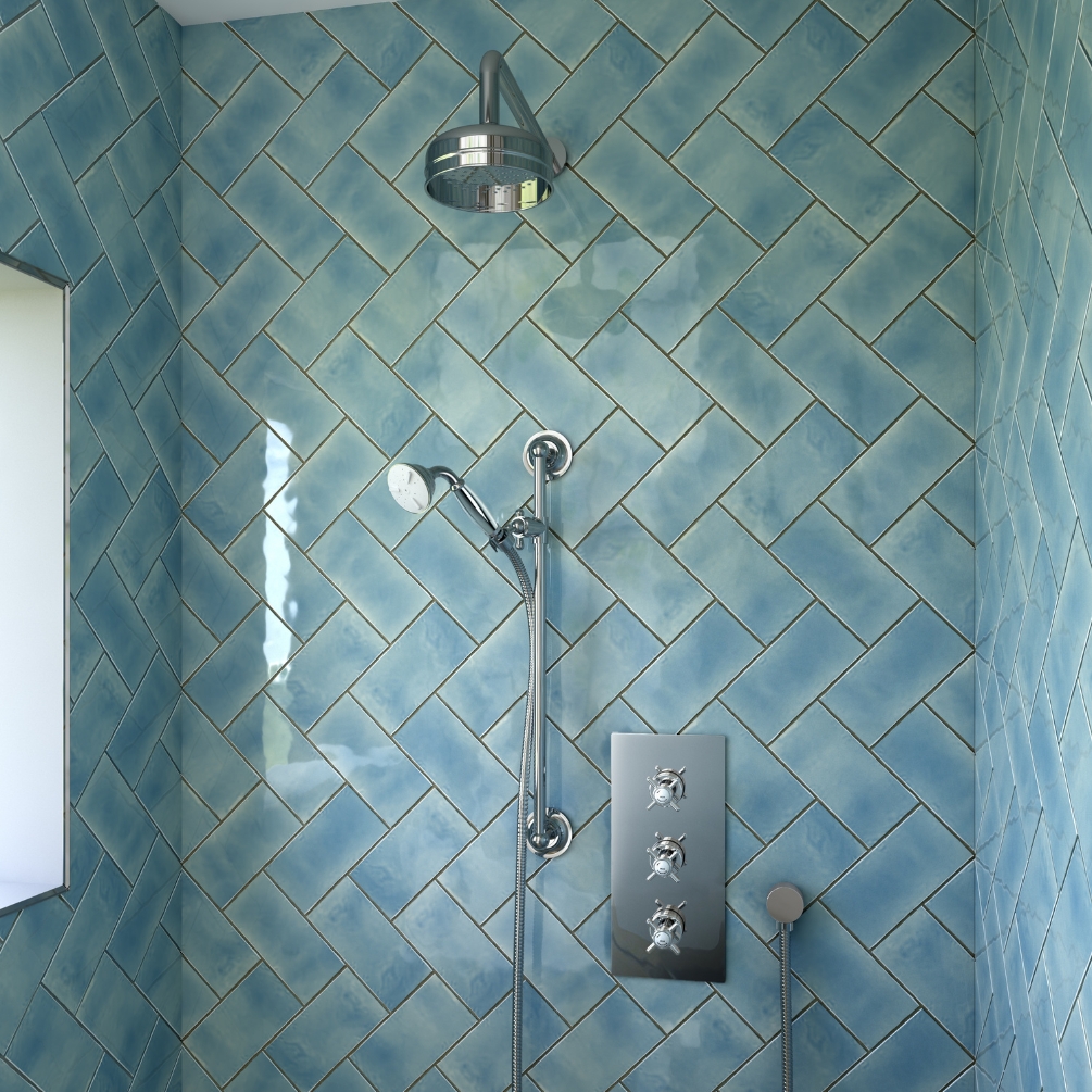 Lifestyle image of the Heritage Dawlish Traditional Shower inside a walk-in shower with pale blue tiles