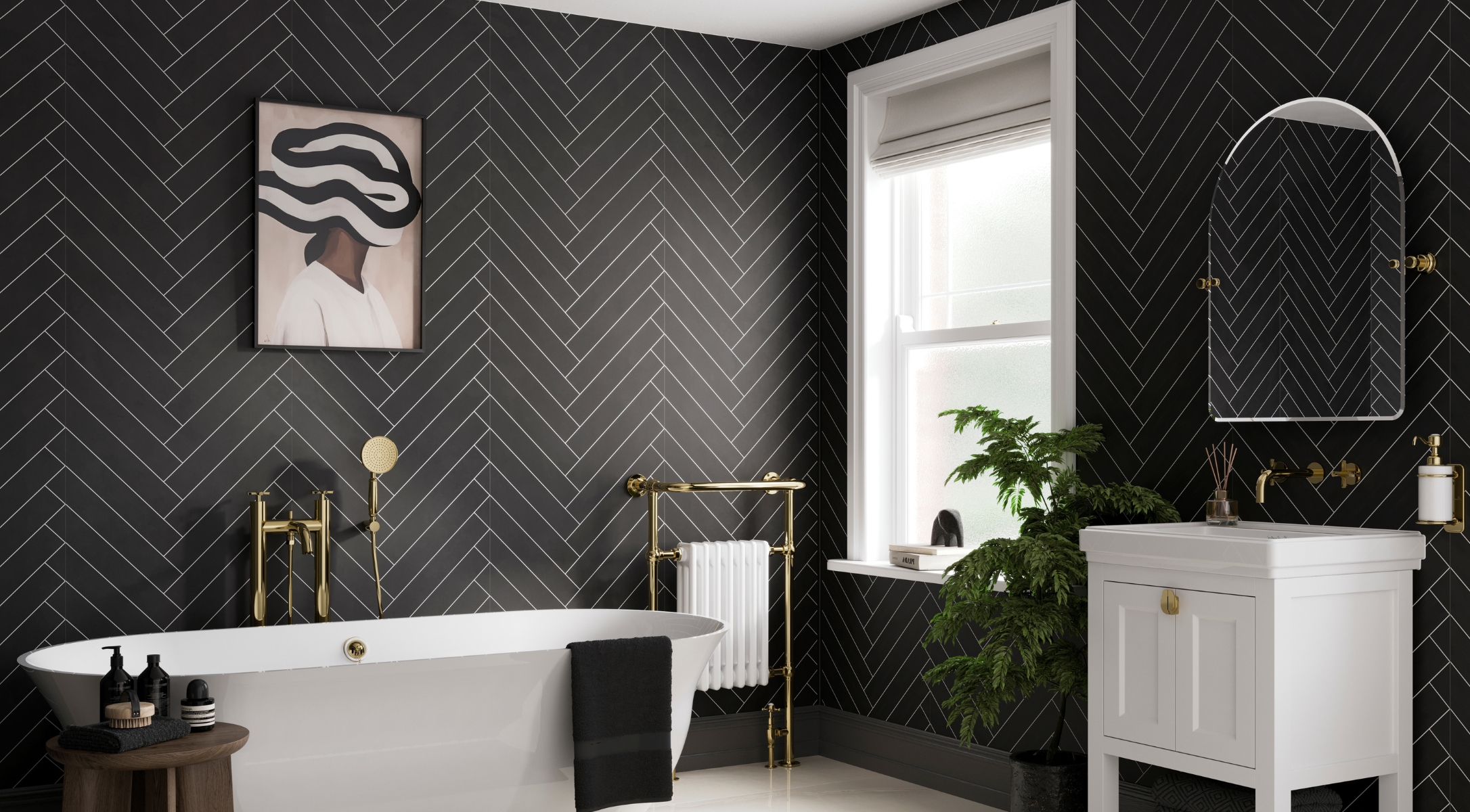 Lifestyle image of a black colour drenched bathroom wall