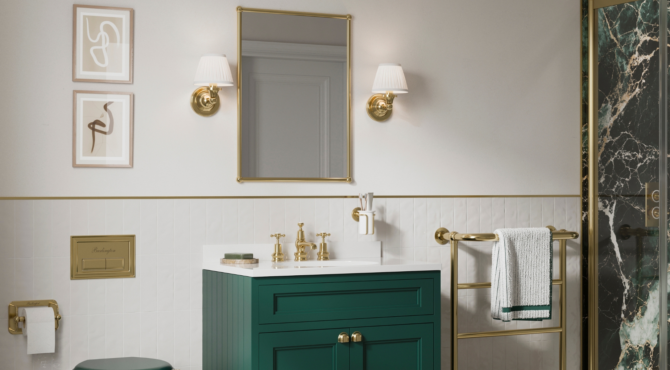 Lifestyle image of a brushed brass brassware and heating in a white themed bathroom