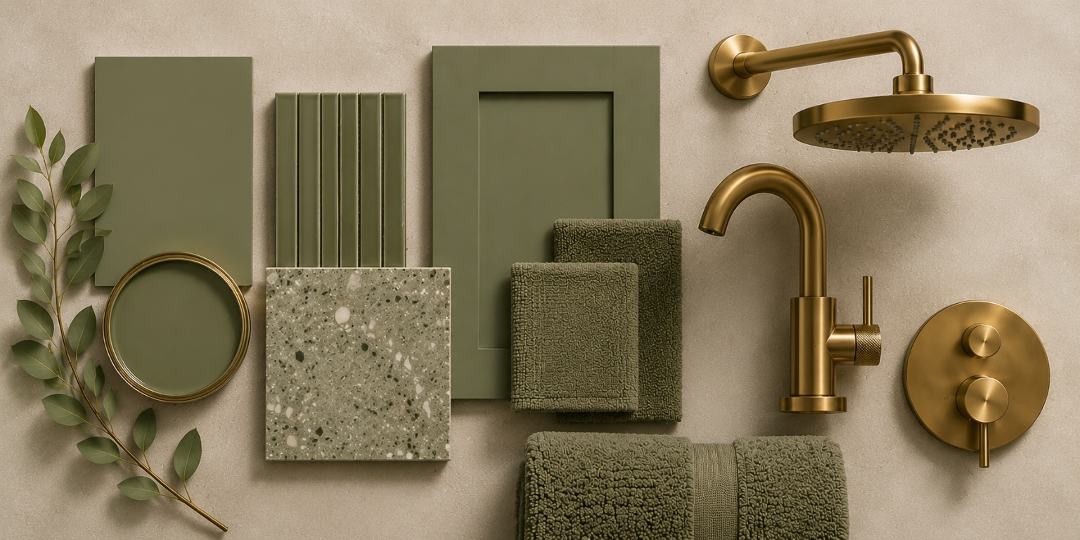 A colleciton of colour coordinated green and brass bathroom fixtures