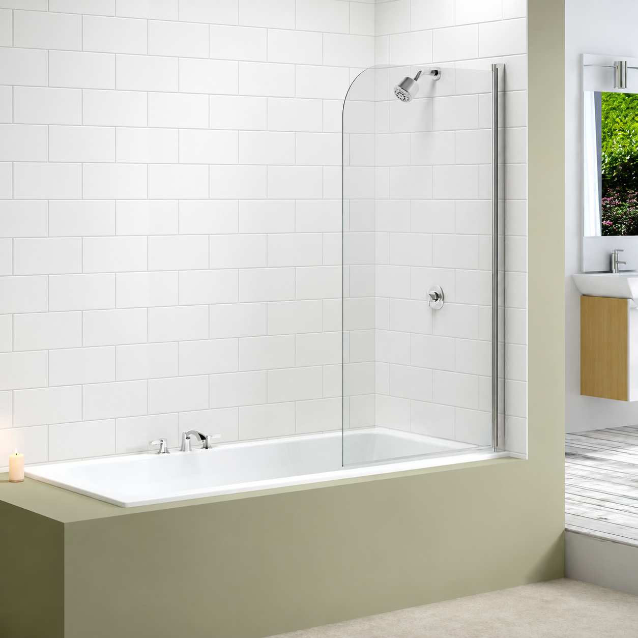 Lifestyle image of a curved bath shower screen