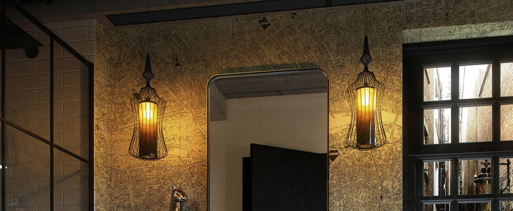 Lifestyle image of the Origins Living City Rectangular 500mm x 750mm Black Mirror with pendant lights 