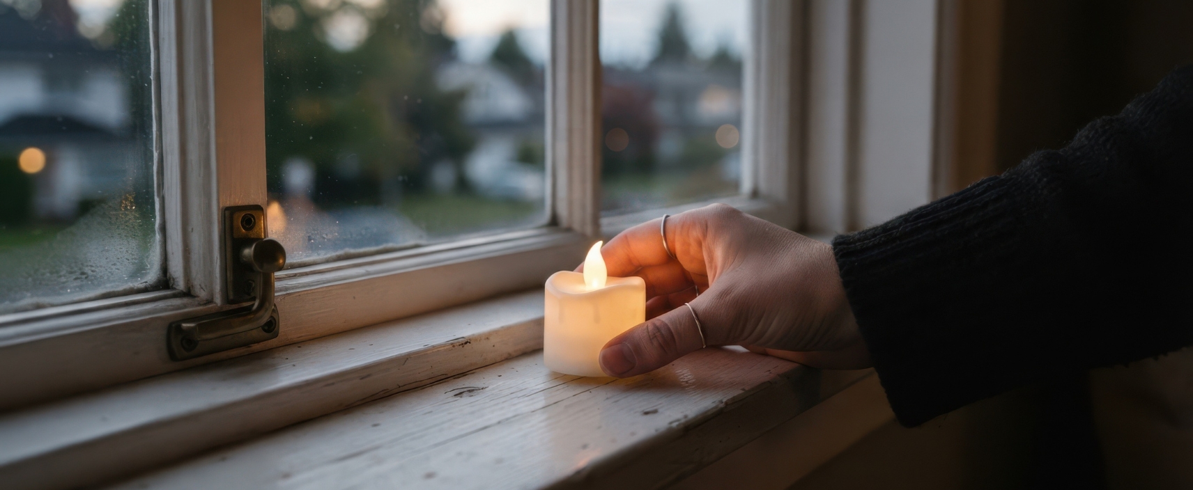 Flameless LED candles on a bathroom windowsill