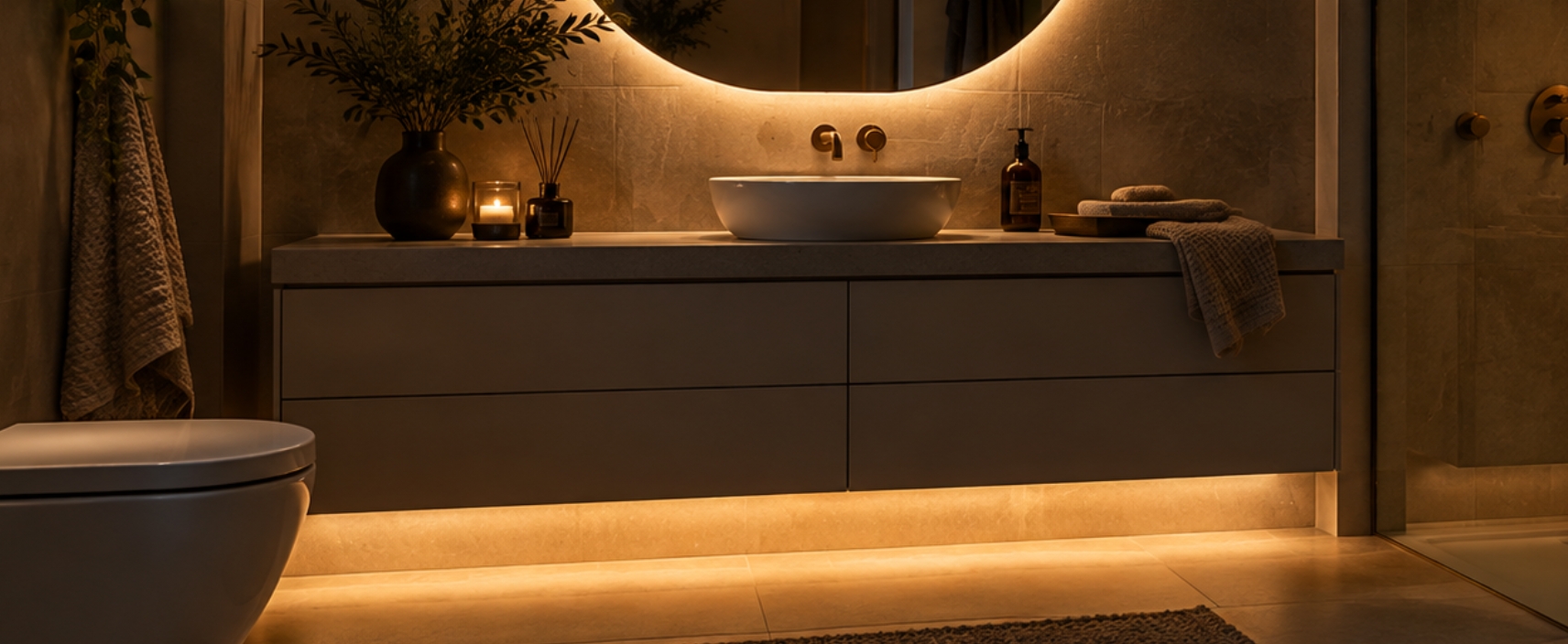 Bathroom with warm low-level plinth lighting at the base of a wall-hung vanity unit for dark showering