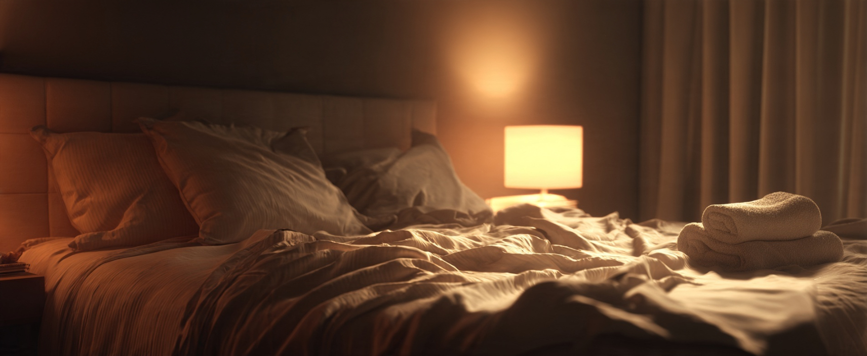 A bed at nighttime, with towels rolled up at the end