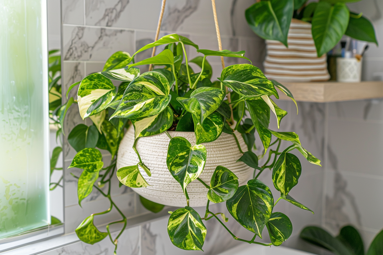 image of devils ivy epipremnum aureum hanging in a basket