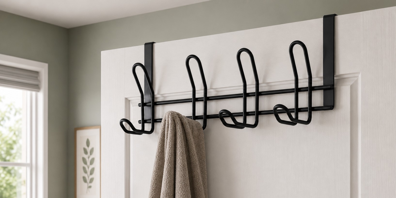Lifestyle image of a bathroom door with a multi towel hook attached to the back
