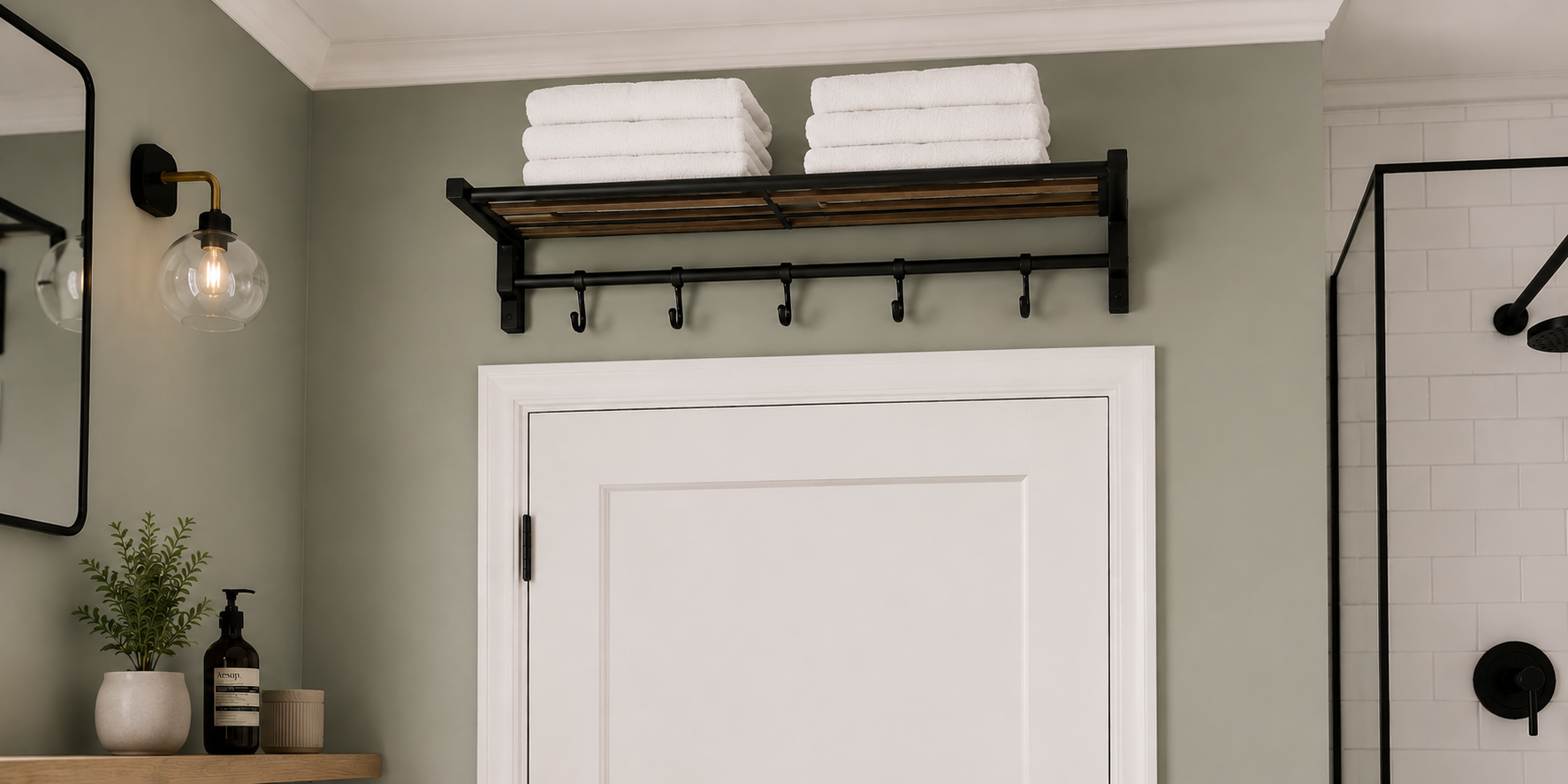 Lifestyle image of a shelf installed above a bathroom