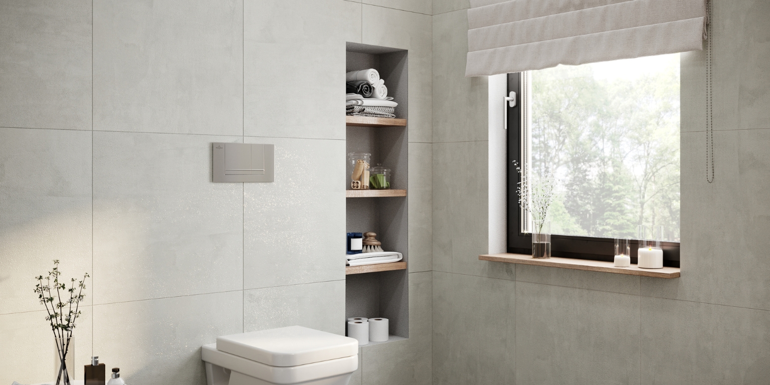 Lifestyle image of a recessed shelving built into a bathroom wall