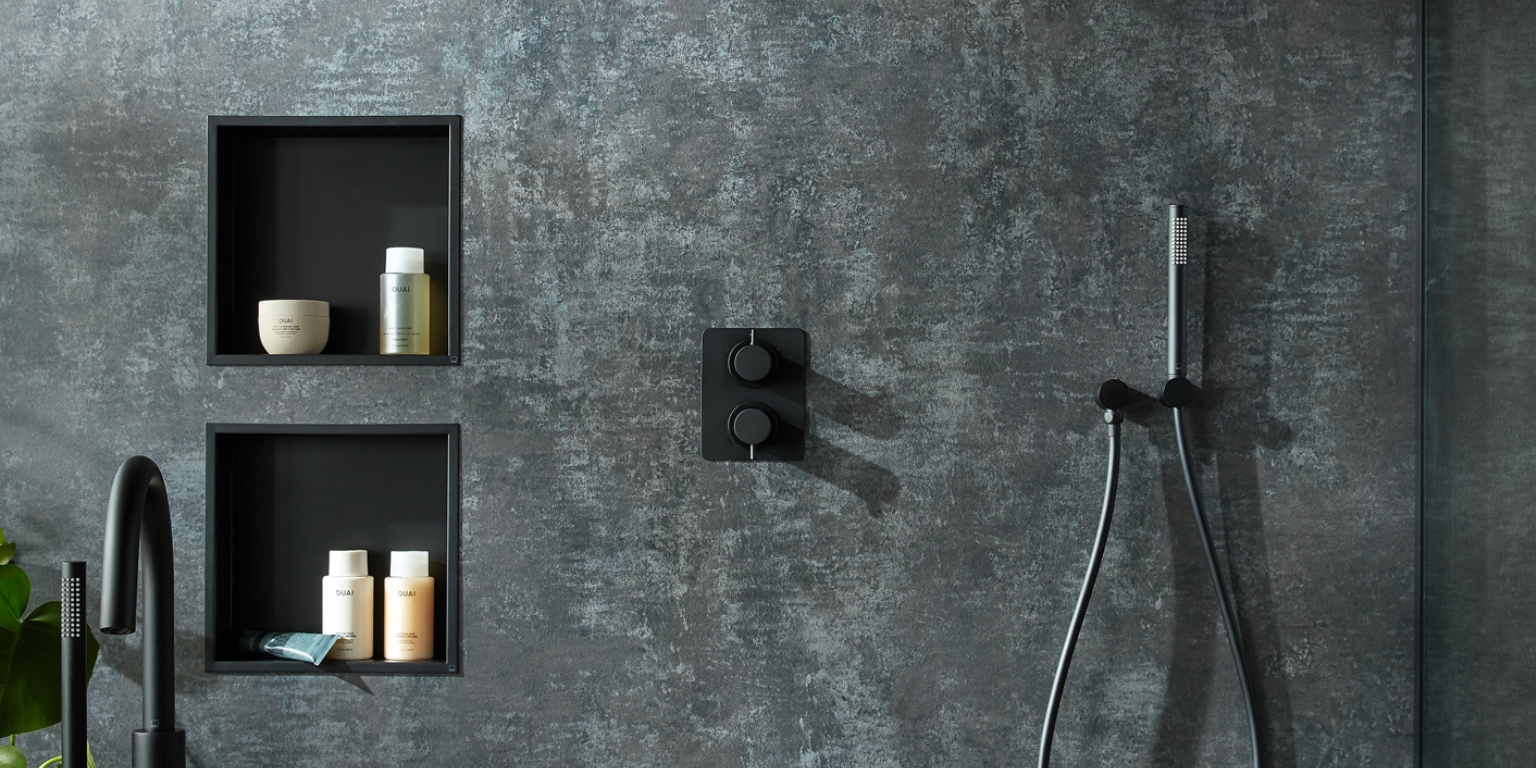 Lifestyle image of the Vado Muse Matt Black Shower Niche
