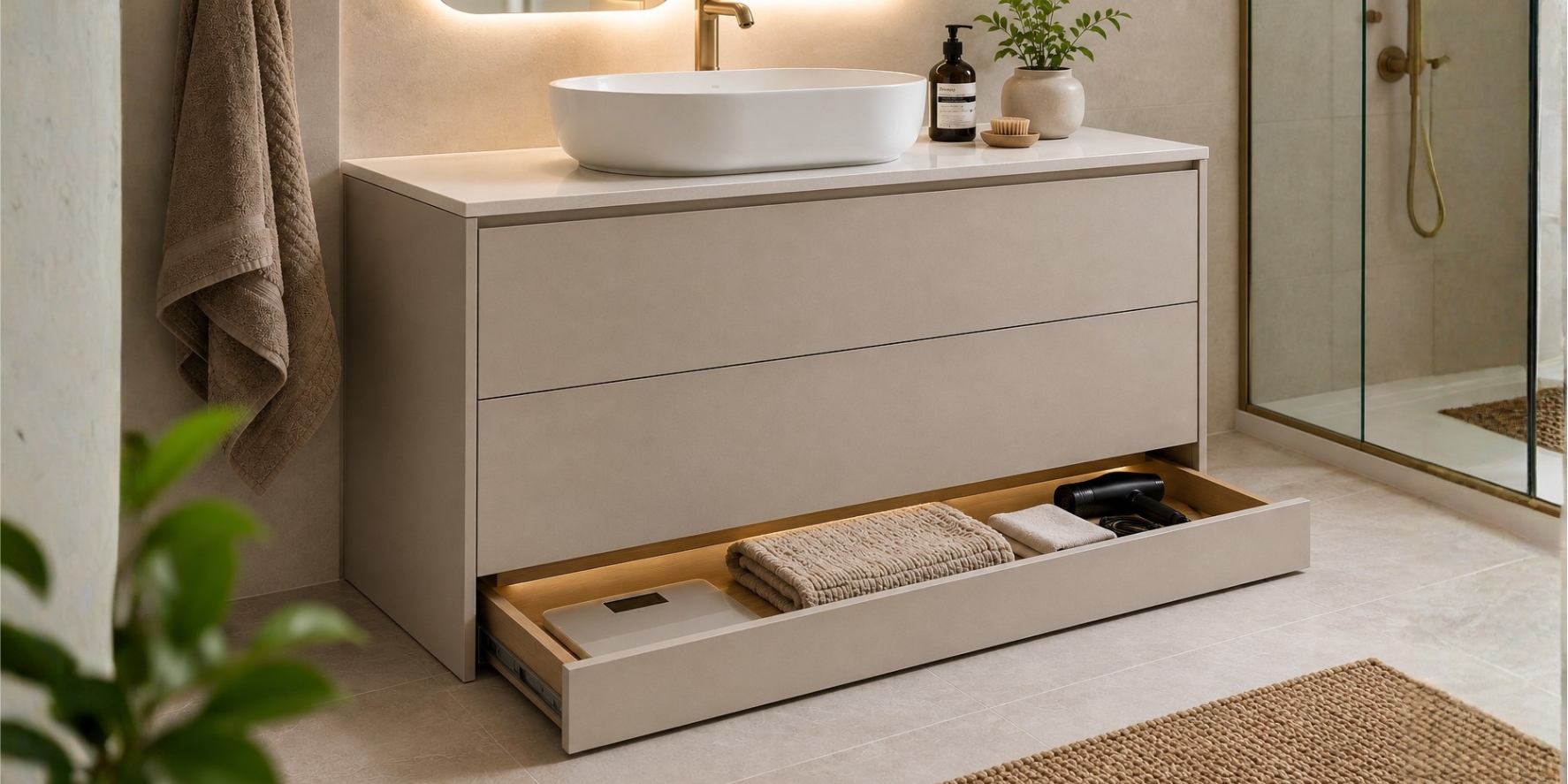 Lifestyle image of a vanity unity with a toe-kick drawer