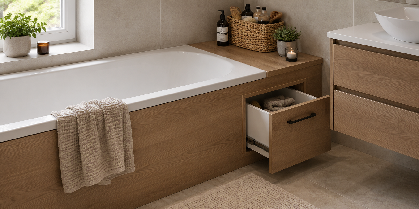 Lifestyle image of a fitted bathtub with a pull out drawer underneath