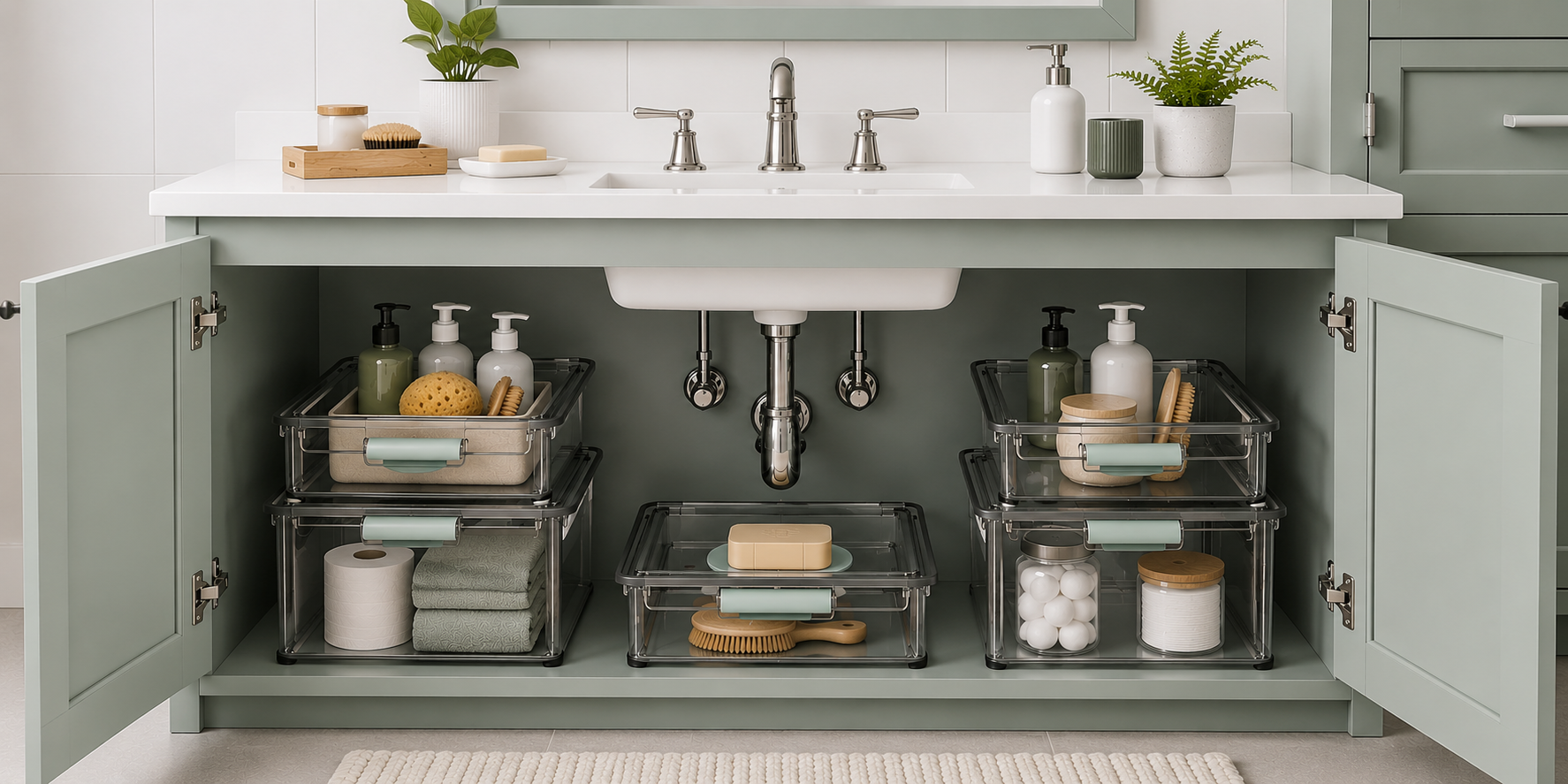 Lifestyle image of a bathroom vanity unit with several storage boxes inside