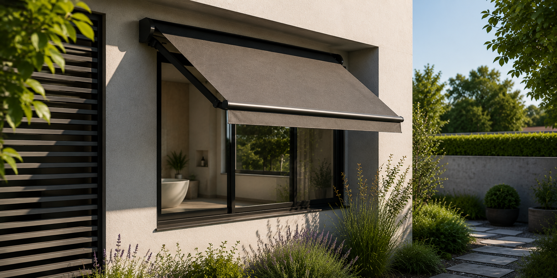 Lifestyle image of awning installed outside a bathroom window