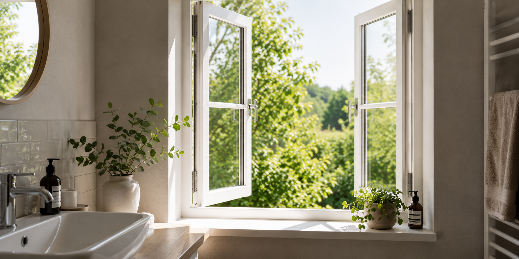 Lifestyle image of an open bathroom window
