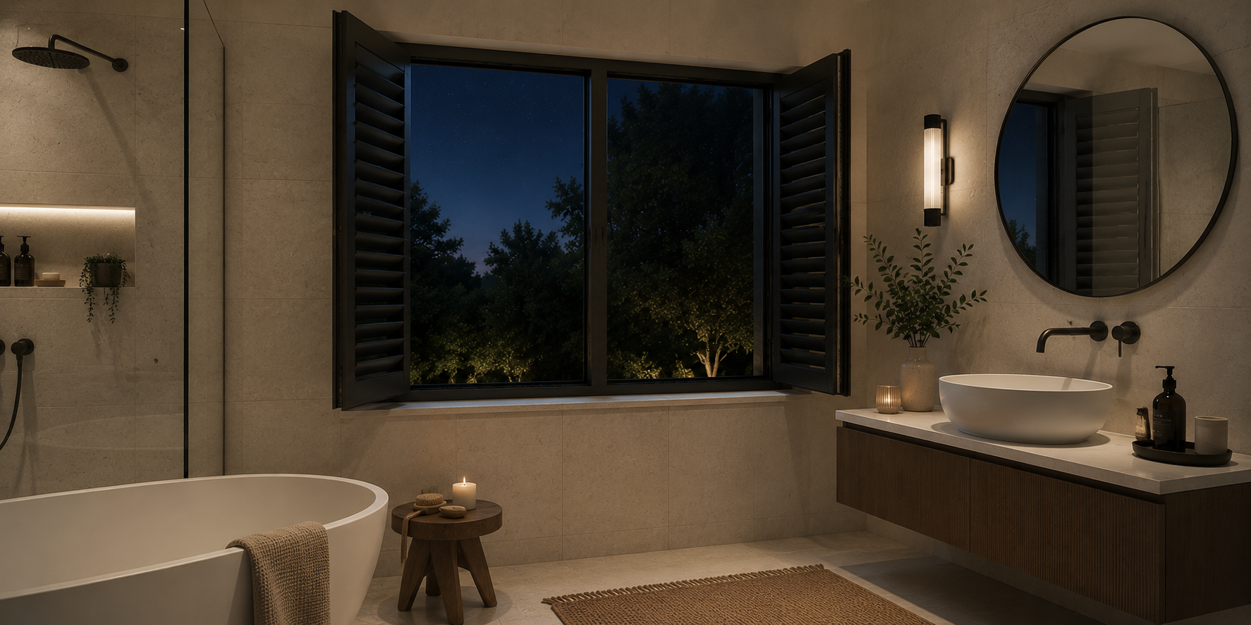 Lifestyle image of a bathroom window open in the night