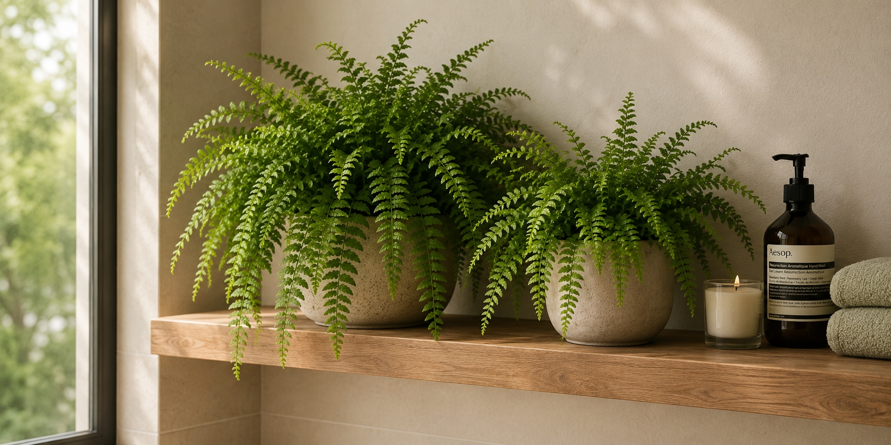 Two potted fern plants on a bathroom shelf
