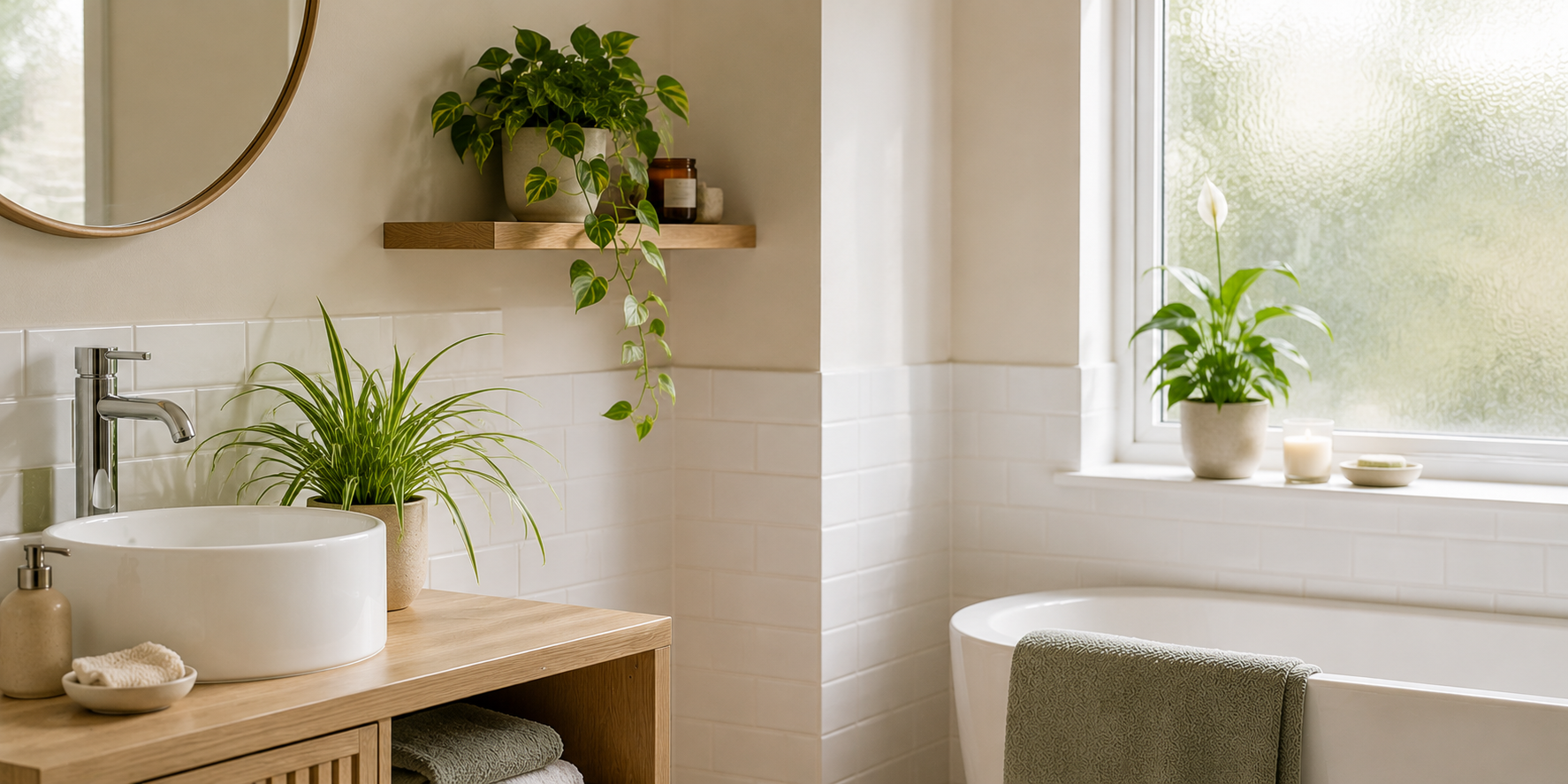 A bathroom with basin, bathtub and a few indoor bathroom plants