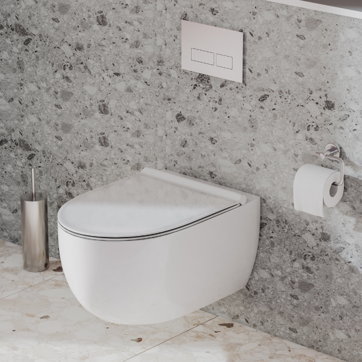 lifestyle image of the Zero 3 Matt White Rimless Wall Hung Toilet & Soft Close Seat
