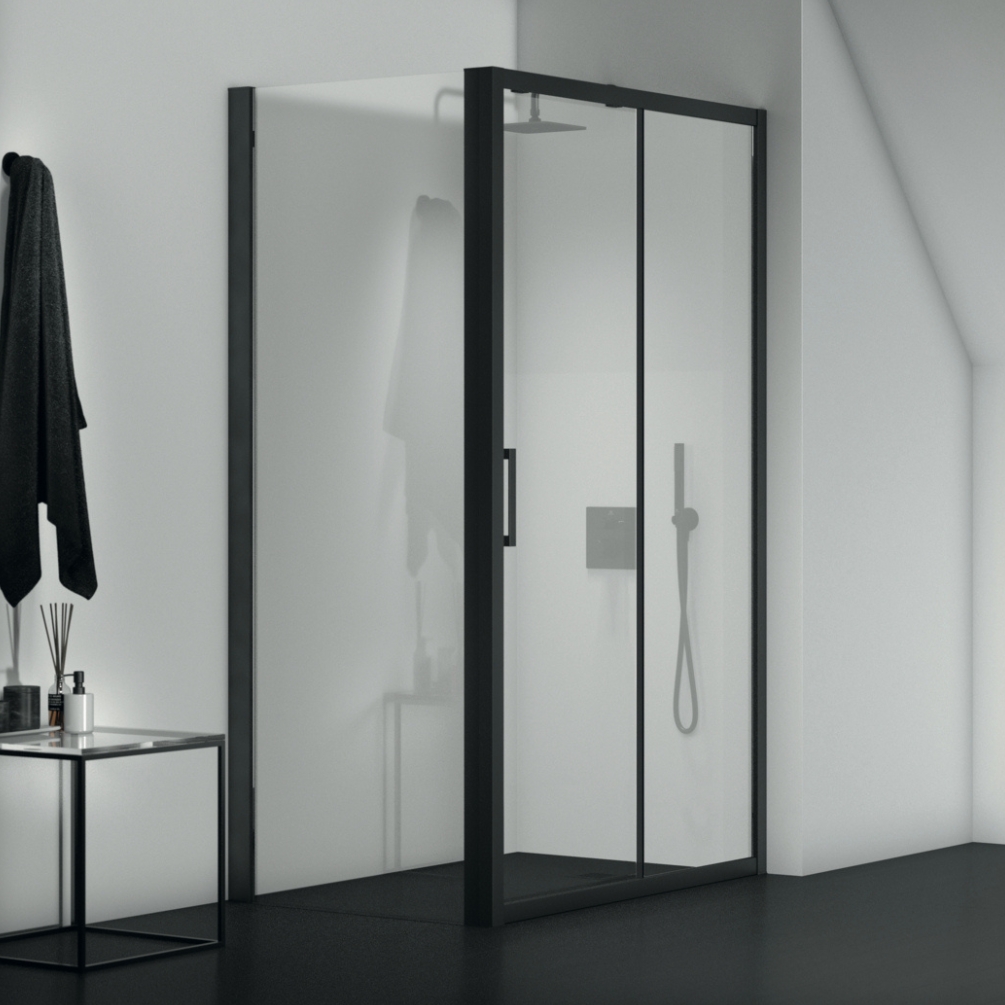 Shower door with side panels configuration