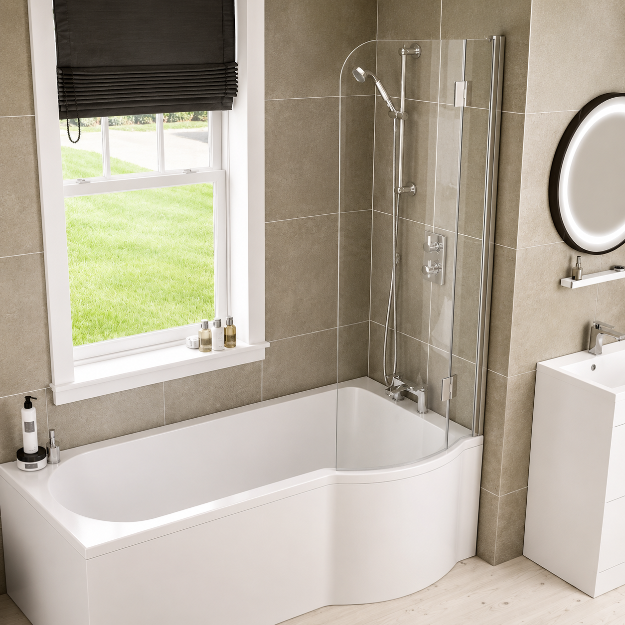 Lifestyle image of a P-shaped bath shower screen
