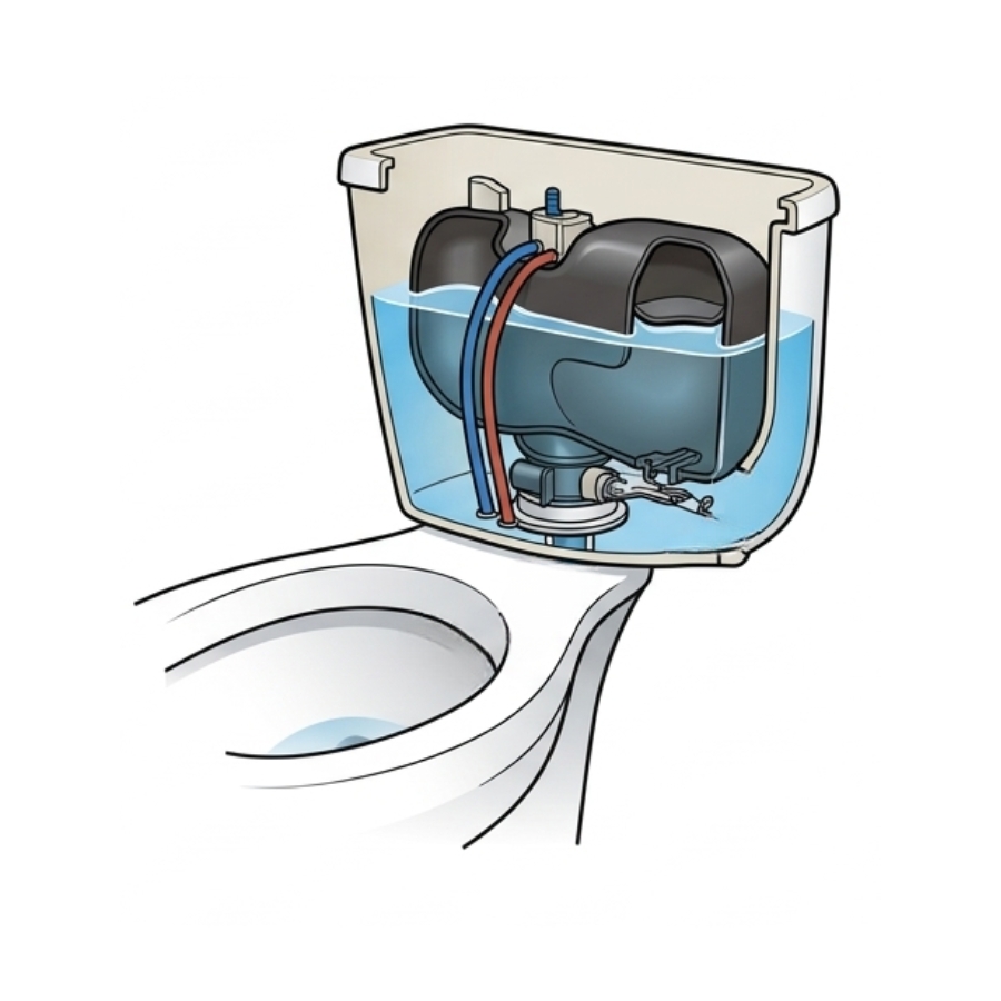 Illustration of a pressure-assisted flush toilet cistern