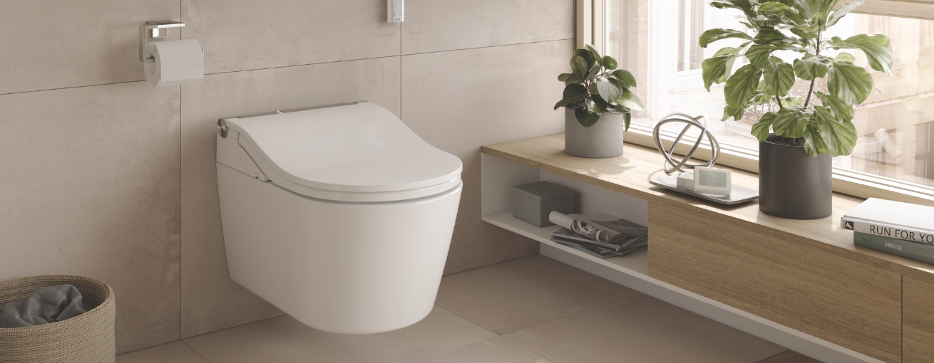 Lifestyle image of the TOTO Washlet RW Rimless Wall Hung Toilet
