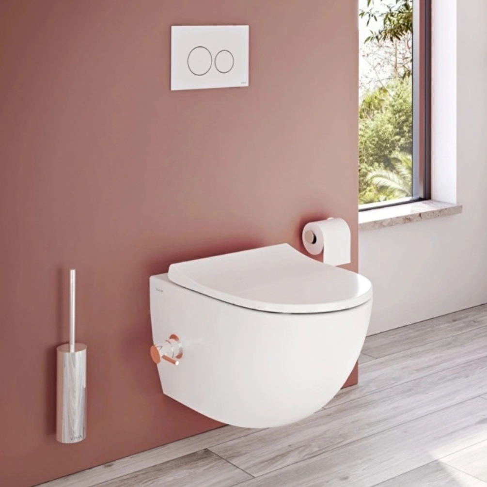 Lifestyle image of the VitrA Sento Aquacare Wall Hung Bidet Toilet & Thermostatic Mixer Stop Valve