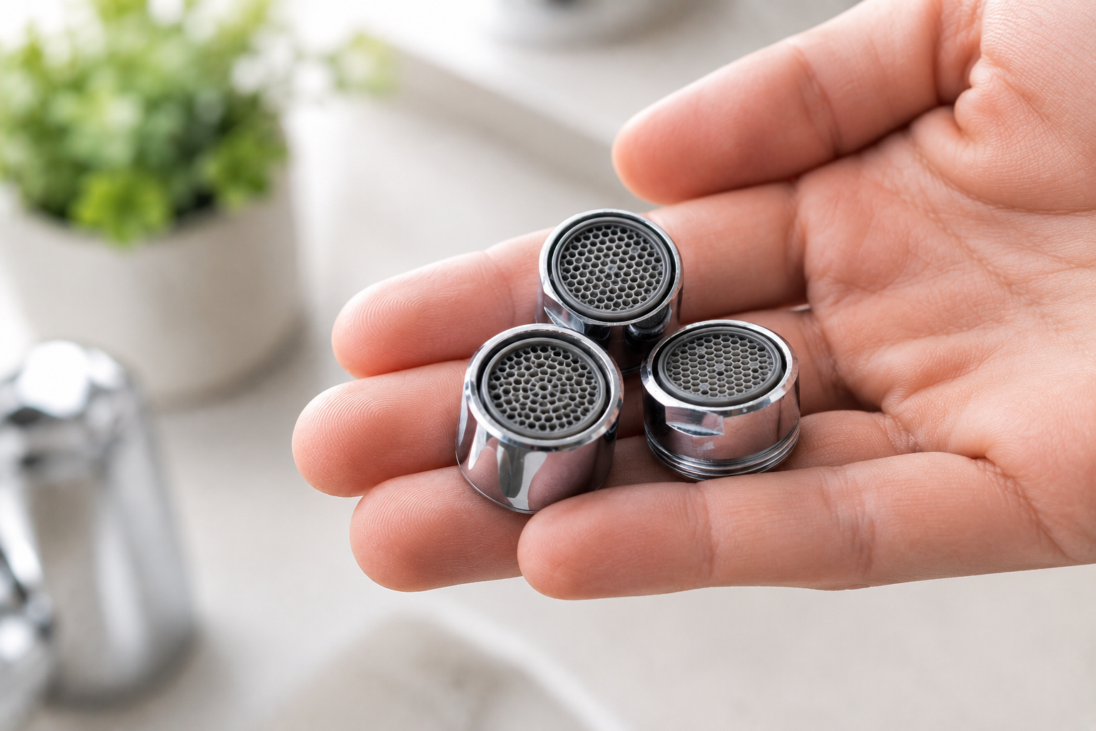 A selection of tap aerators in hand